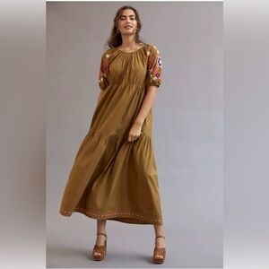 Anthropologie Let Me Be embroidered tiered maxi dress SZ XL Brown Motif